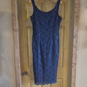 Alex Evenings Navy Lace Sequin Midi Dress Sleeveless Stretch Size 14 Lined Zipup